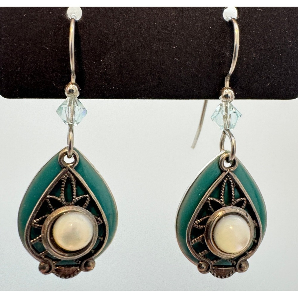 Vintage‑Style Turquoise Enamel & Pearl Drop Earrings – Boho Ornate Metalwork – 4